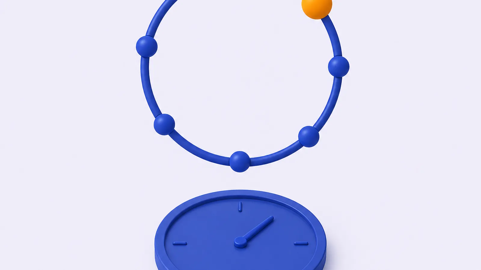 A loop of evenly spaced dots circling above a clock face