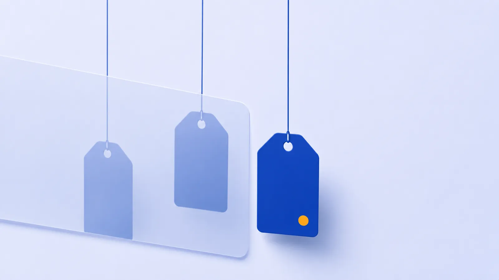 Three hanging price tags, two obscured behind a translucent panel and one fully visible