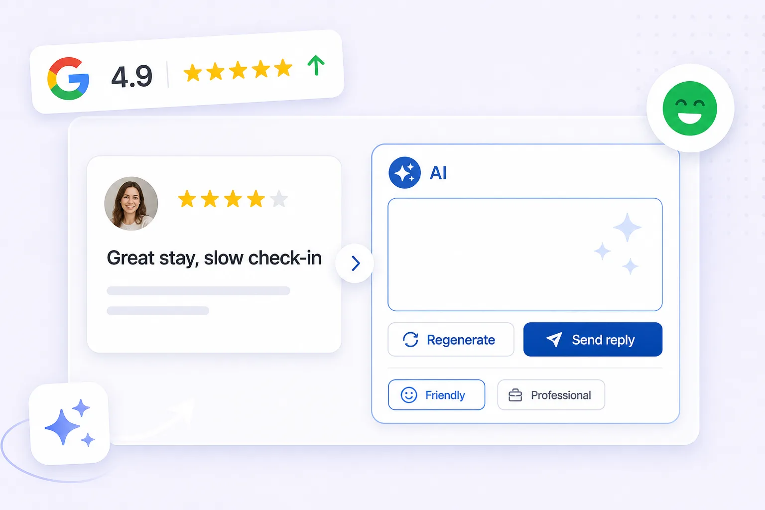 ReviewsGauge drafting an AI reply to a customer review — sample